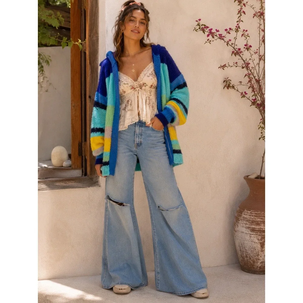 Free People Dream‎ Team Cardi Striped Hooded Boucle Cardigan Blue Green XS
